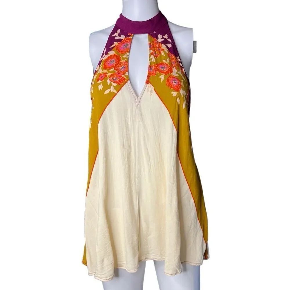 Free People Beat of My Heart High Neck Tunic Cream and Purple Size XS